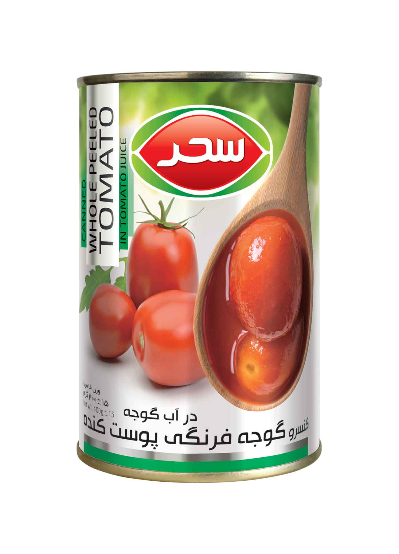 کنسرو گوجه پوست کنده در آب گوجه سحر قوطی وزن خالص 400 گرم