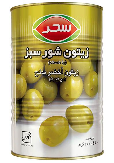 زیتون شور سبز قوطی (با هسته) وزن خالص 4000 گرم